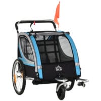 Blau-schwarzer 2-in-1 Fahrradanhänger mit 360° drehbarem Rad, vielseitig als Anhänger oder Jogger einsetzbar.