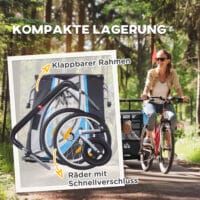 Blau-schwarzer 2-in-1 Fahrradanhänger mit 360° drehbarem Rad, vielseitig als Anhänger oder Jogger einsetzbar.