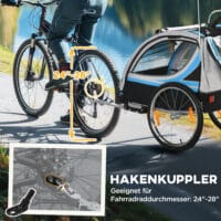 Blau-schwarzer 2-in-1 Fahrradanhänger mit 360° drehbarem Rad, vielseitig als Anhänger oder Jogger einsetzbar.