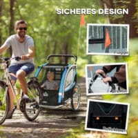 Blau-schwarzer 2-in-1 Fahrradanhänger mit 360° drehbarem Rad, vielseitig als Anhänger oder Jogger einsetzbar.
