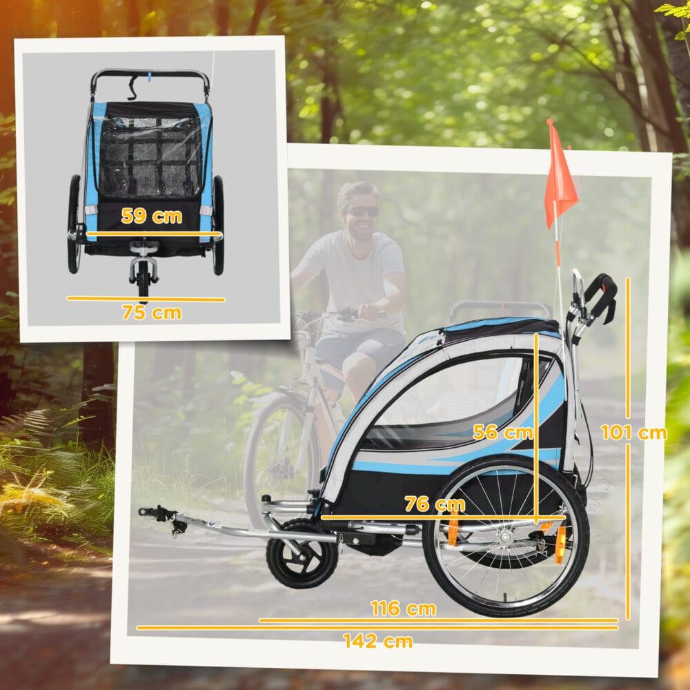 Blau-schwarzer 2-in-1 Fahrradanhänger mit 360° drehbarem Rad, vielseitig als Anhänger oder Jogger einsetzbar.