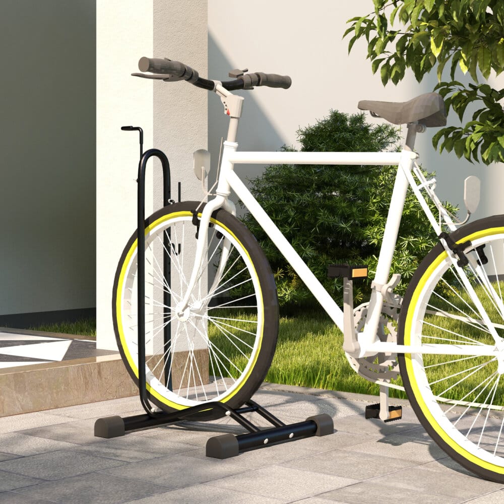 Ein schwarzer Fahrradständer aus wetterfestem Metall, Maße 45x44x118cm.