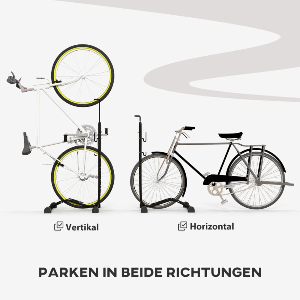 Ein schwarzer Fahrradständer aus wetterfestem Metall, Maße 45x44x118cm.
