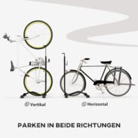 Ein schwarzer Fahrradständer aus wetterfestem Metall, Maße 45x44x118cm.