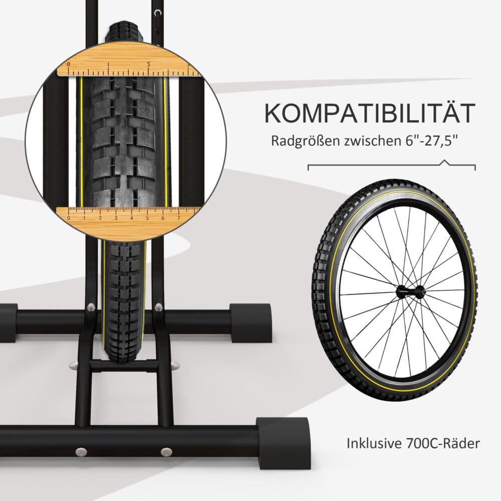 Ein schwarzer Fahrradständer aus wetterfestem Metall, Maße 45x44x118cm.