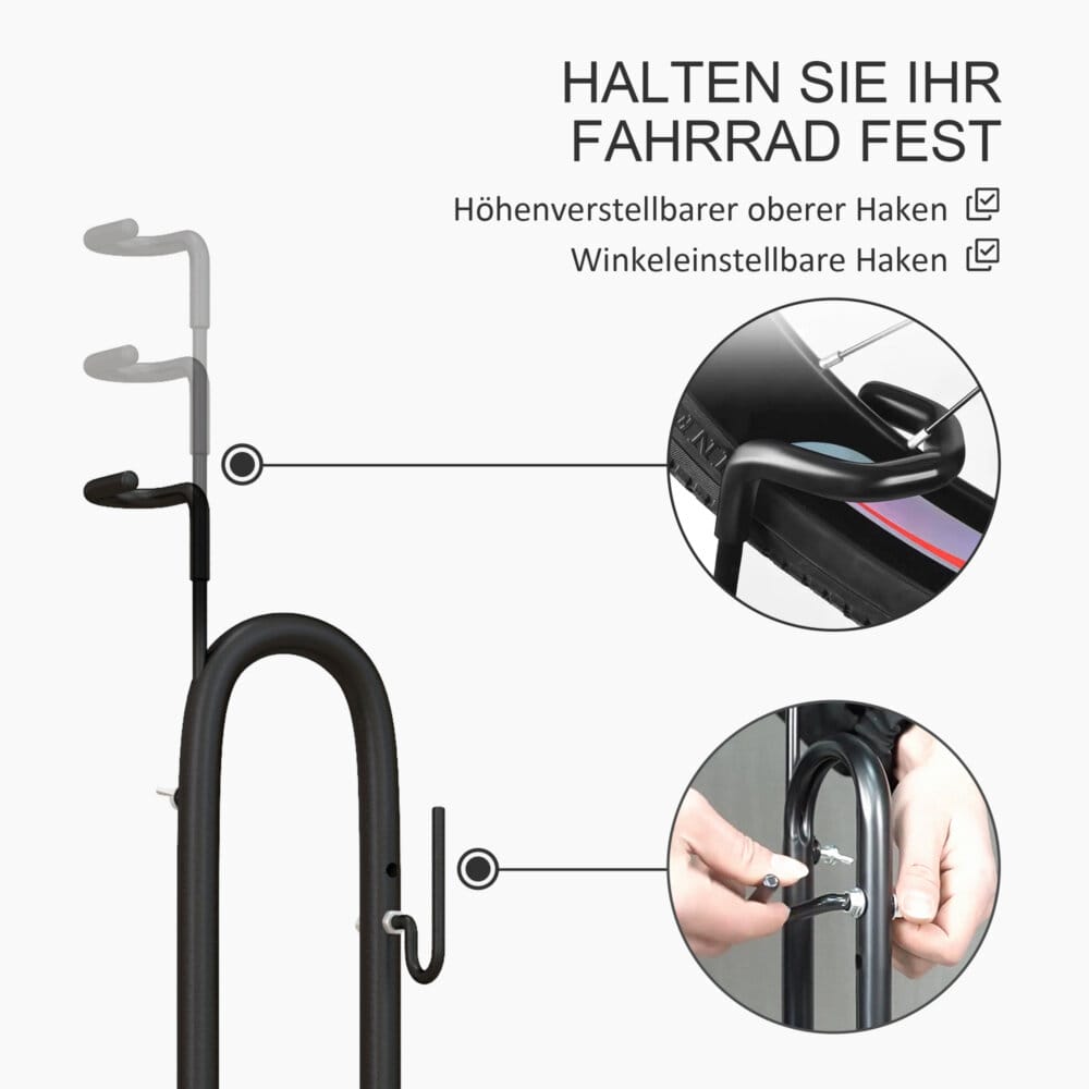 Ein schwarzer Fahrradständer aus wetterfestem Metall, Maße 45x44x118cm.