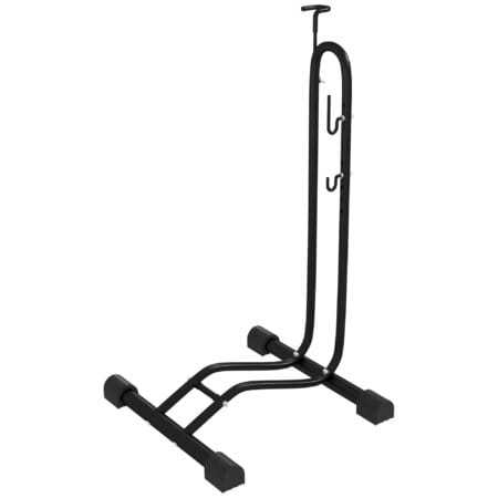 Ein schwarzer Fahrradständer aus wetterfestem Metall, Maße 45x44x118cm.