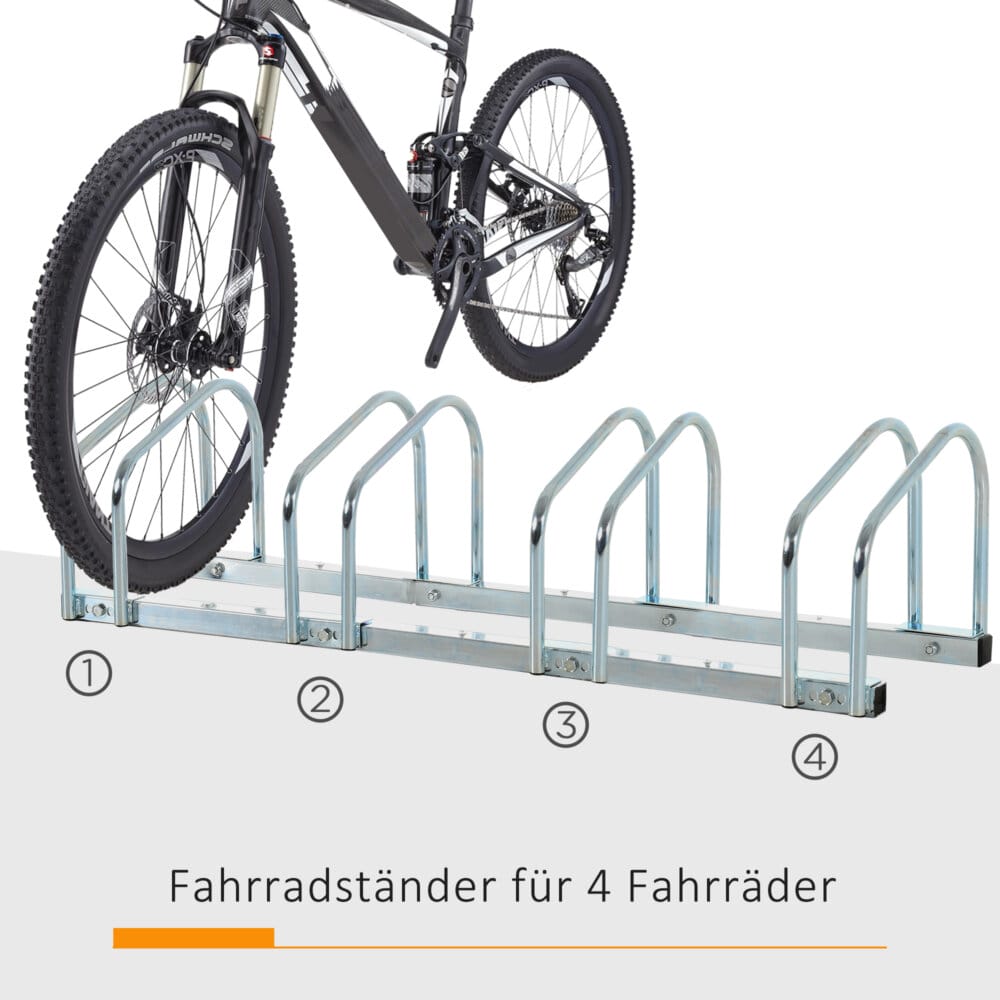 Ein silberner Fahrradständer als Mehrfachständer für 4 Fahrräder, wetterfest.