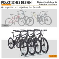 Ein silberner Fahrradständer als Mehrfachständer für 4 Fahrräder, wetterfest.