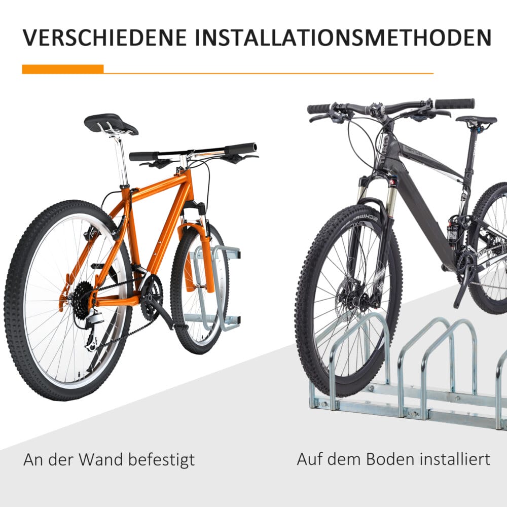 Ein silberner Fahrradständer als Mehrfachständer für 4 Fahrräder, wetterfest.