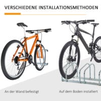 Ein silberner Fahrradständer als Mehrfachständer für 4 Fahrräder, wetterfest.