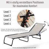 Beige, faltbare Sonnenliege mit 4-stufiger Verstellung.