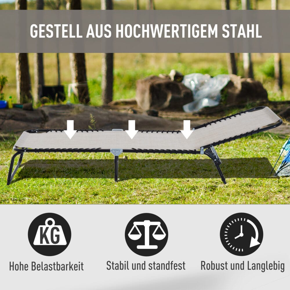 Beige, faltbare Sonnenliege mit 4-stufiger Verstellung.