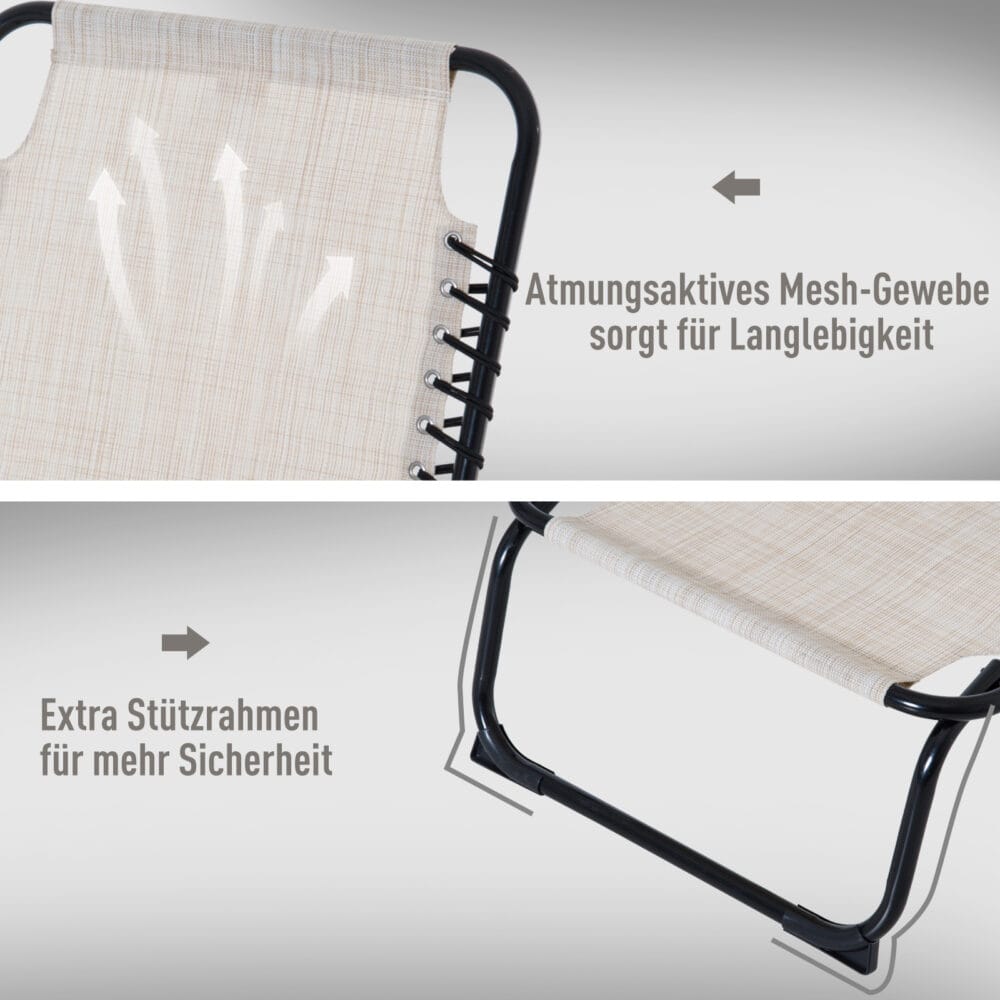 Beige, faltbare Sonnenliege mit 4-stufiger Verstellung.