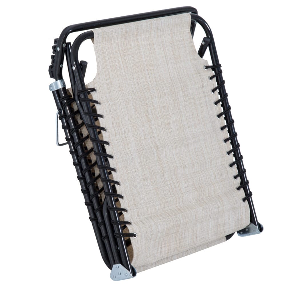 Beige, faltbare Sonnenliege mit 4-stufiger Verstellung.