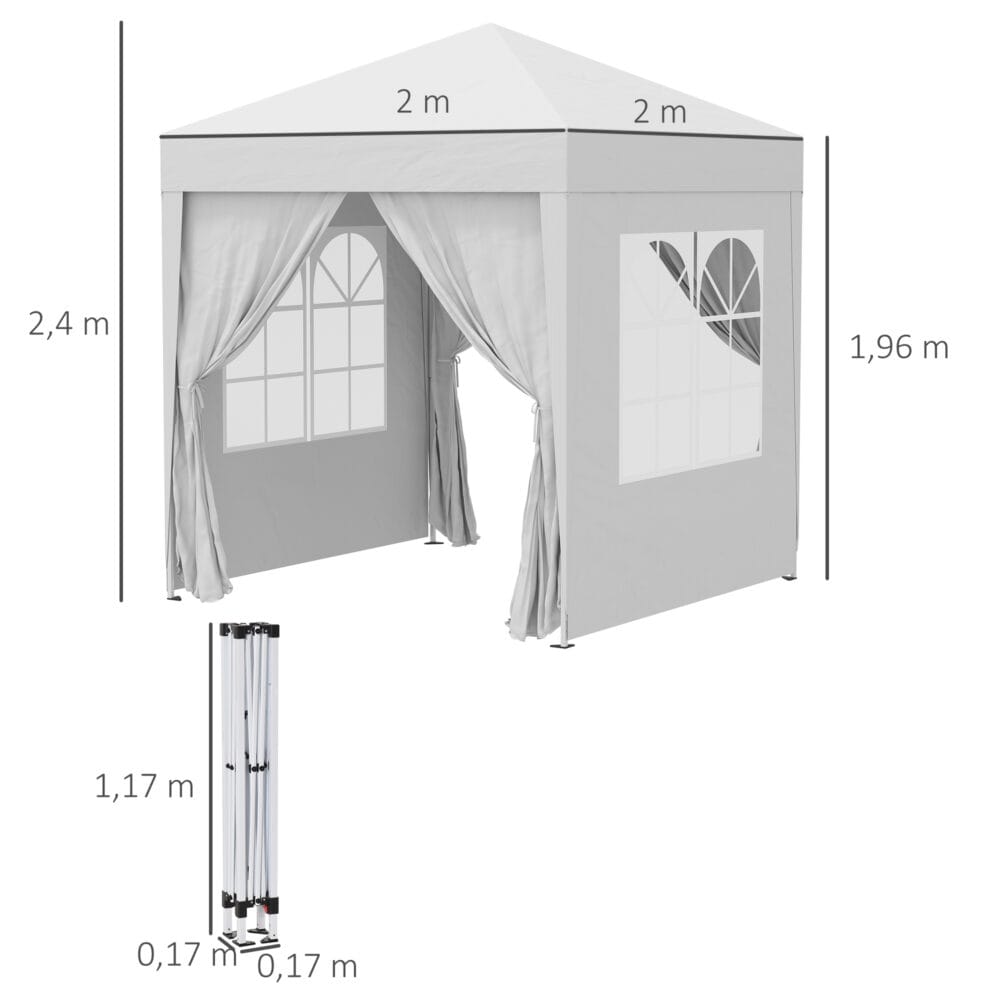 Weißer 2x2m Faltpavillon mit 4 Seitenwänden.