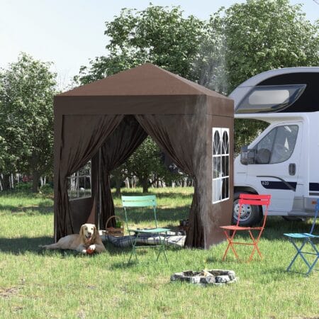 Weißer 2x2m Faltpavillon mit Seitenwänden & Fenstern.