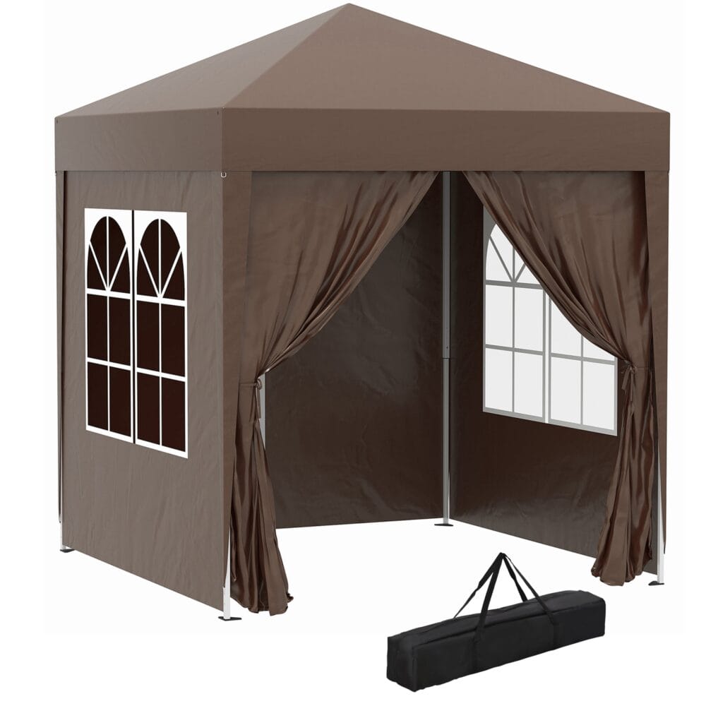 Weißer 2x2m Faltpavillon mit Seitenwänden & Fenstern.