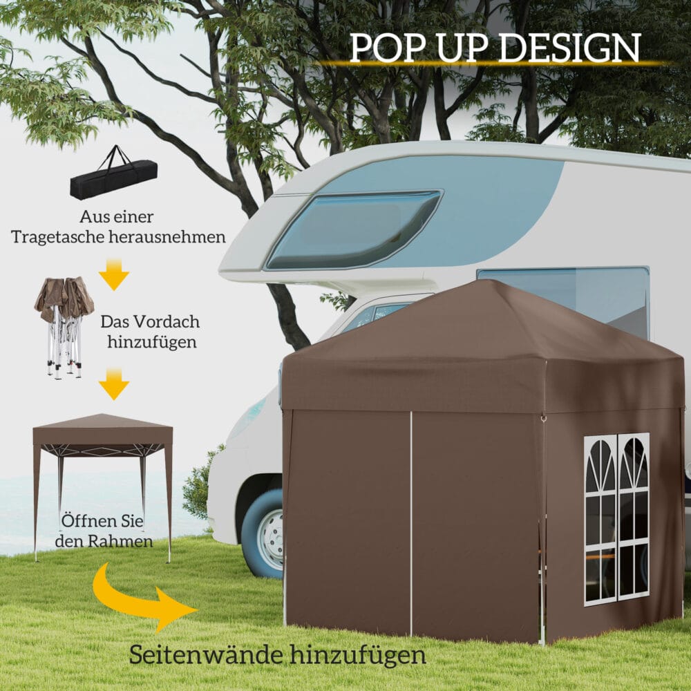Weißer 2x2m Faltpavillon mit Seitenwänden & Fenstern.