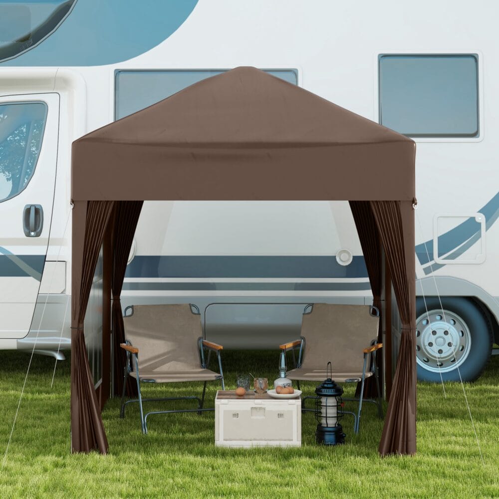 Weißer 2x2m Faltpavillon mit Seitenwänden & Fenstern.