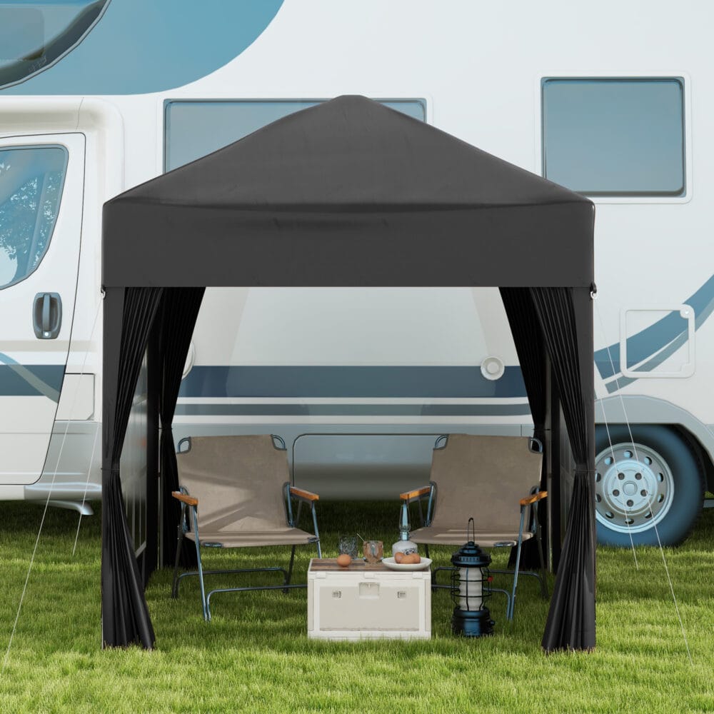 Schwarzer 2x2m Faltpavillon mit Seitenwänden & UV-Schutz.