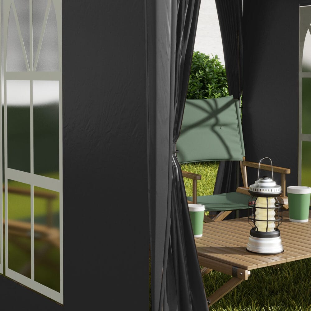 Schwarzer 2x2m Faltpavillon mit Seitenwänden & UV-Schutz.