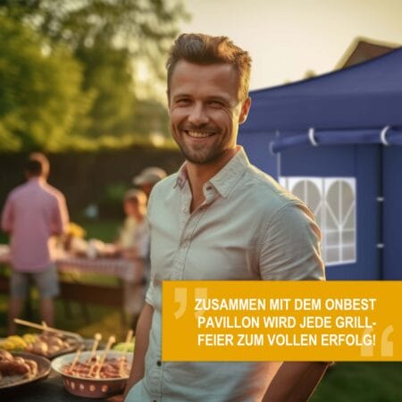 Blauer Popup-Faltpavillon 3x3 m mit robustem Metallgestell für schnellen Aufbau.
