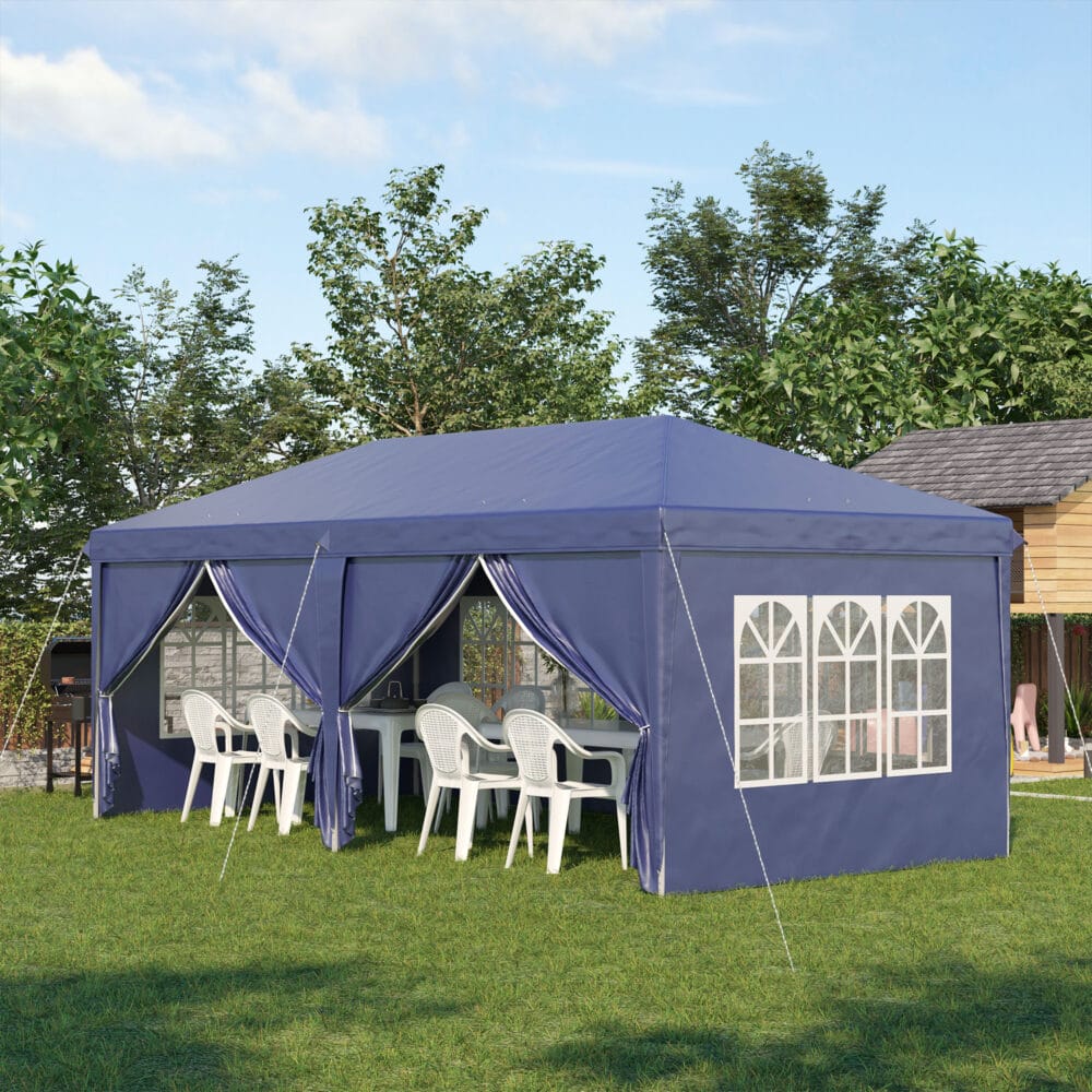 Blauer Faltpavillon 585x295m mit UV-Schutz und Seitenwänden.