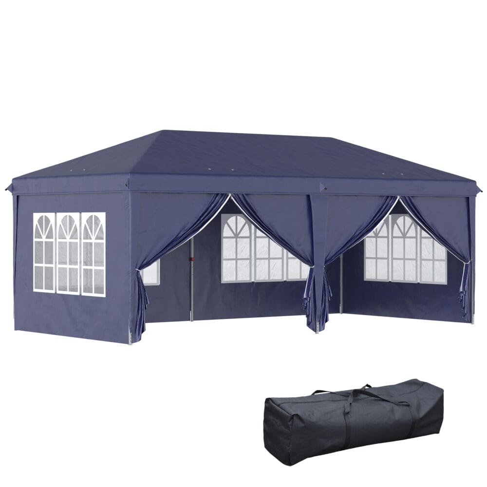 Blauer Faltpavillon 585x295m mit UV-Schutz und Seitenwänden.