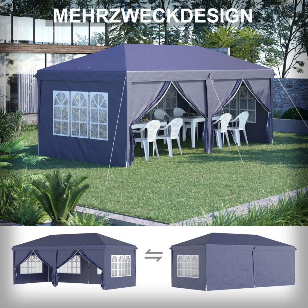 Blauer Faltpavillon 585x295m mit UV-Schutz und Seitenwänden.