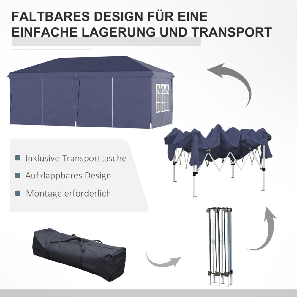 Blauer Faltpavillon 585x295m mit UV-Schutz und Seitenwänden.