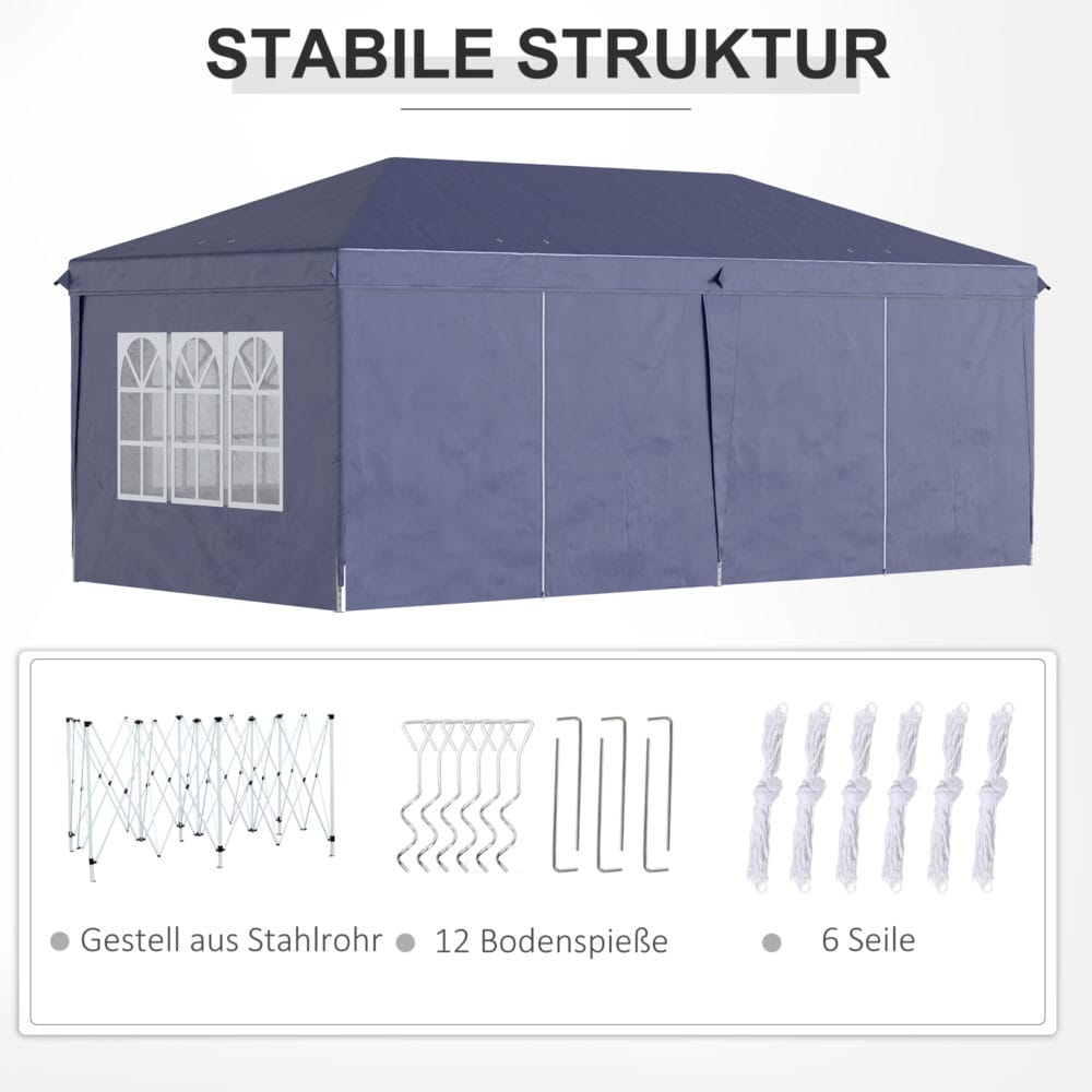 Blauer Faltpavillon 585x295m mit UV-Schutz und Seitenwänden.