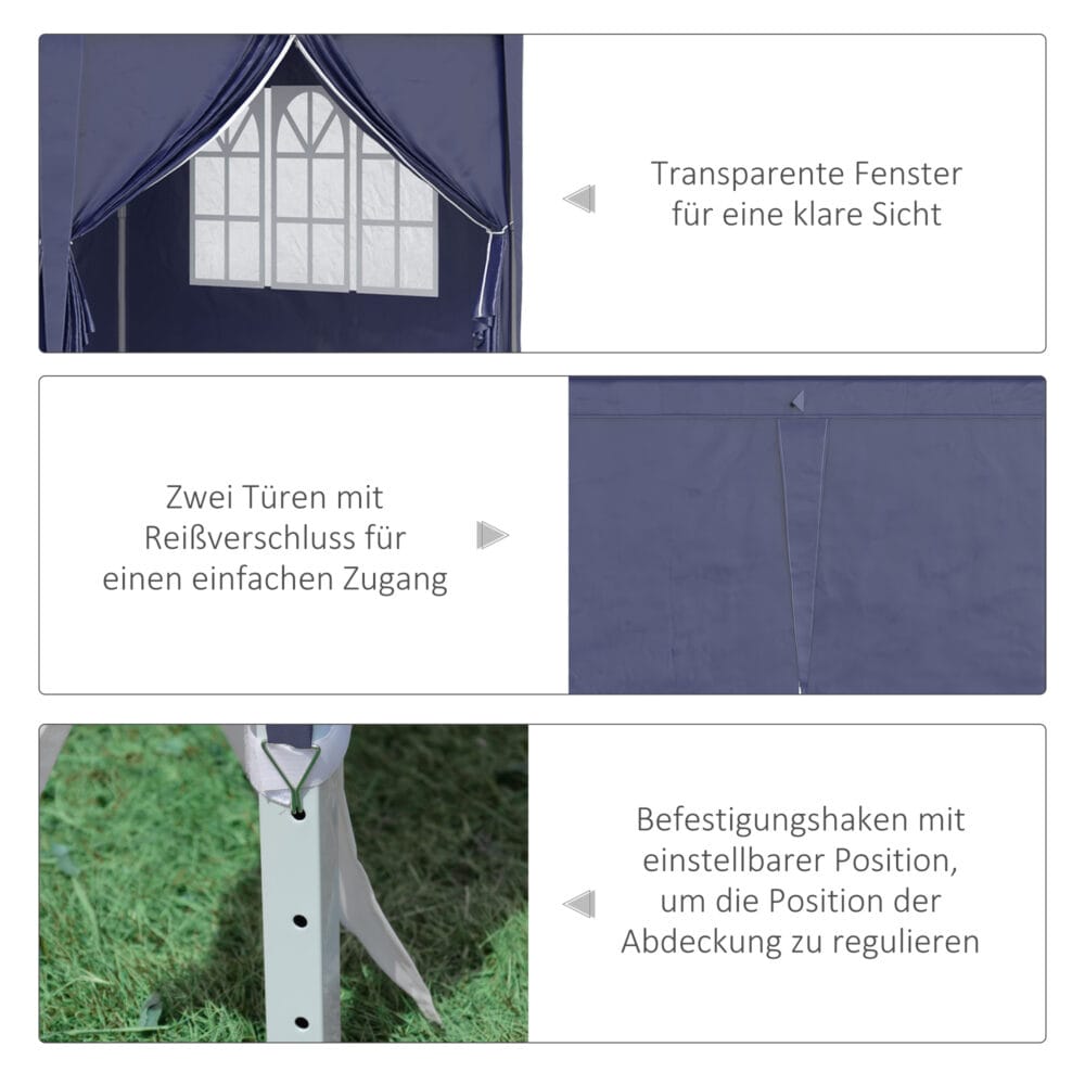 Blauer Faltpavillon 585x295m mit UV-Schutz und Seitenwänden.