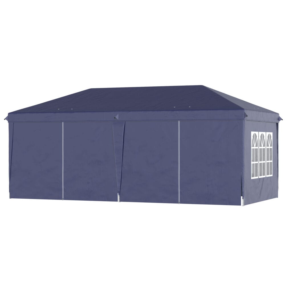 Blauer Faltpavillon 585x295m mit UV-Schutz und Seitenwänden.