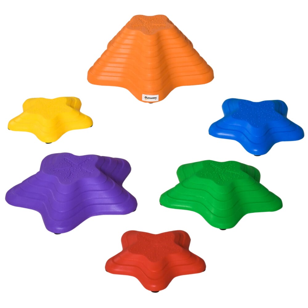 Buntes Kinderspielzeug in Form von rutschfesten Flusssteinen, bis 80kg belastbar. Es fördert das Gleichgewicht und kreatives Spiel im Kinderzimmer oder Garten.