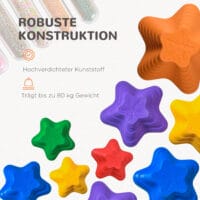 Buntes Kinderspielzeug in Form von rutschfesten Flusssteinen, bis 80kg belastbar. Es fördert das Gleichgewicht und kreatives Spiel im Kinderzimmer oder Garten.