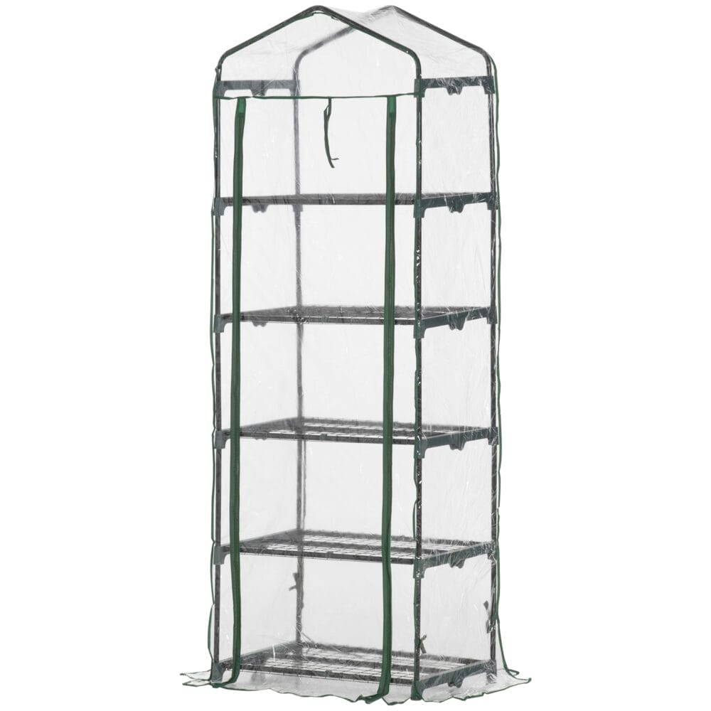 Foliengewächshaus mit 5 Regalen, transparent, ideal für Anzucht, Grün.