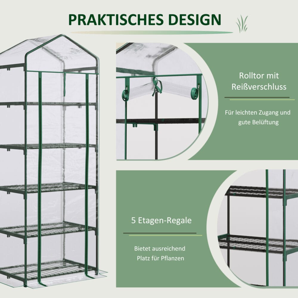 Foliengewächshaus mit 5 Regalen, transparent, ideal für Anzucht, Grün.