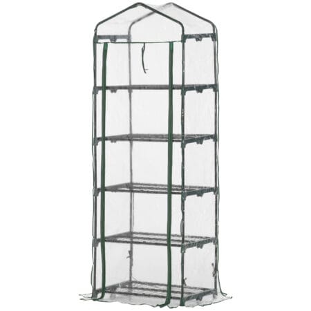 Foliengewächshaus mit 5 Regalen, transparent, ideal für Anzucht, Grün.