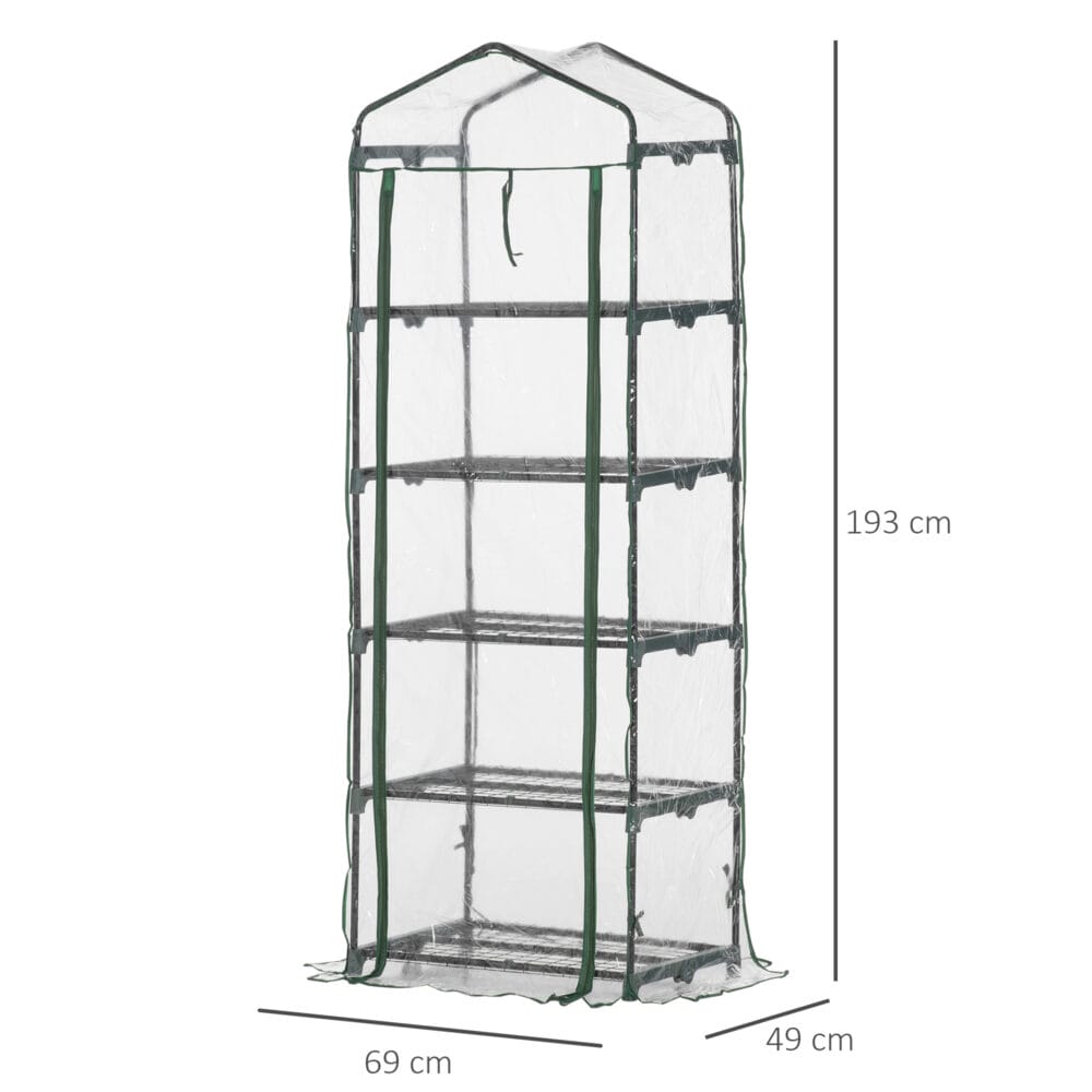 Foliengewächshaus mit 5 Regalen, transparent, ideal für Anzucht, Grün.