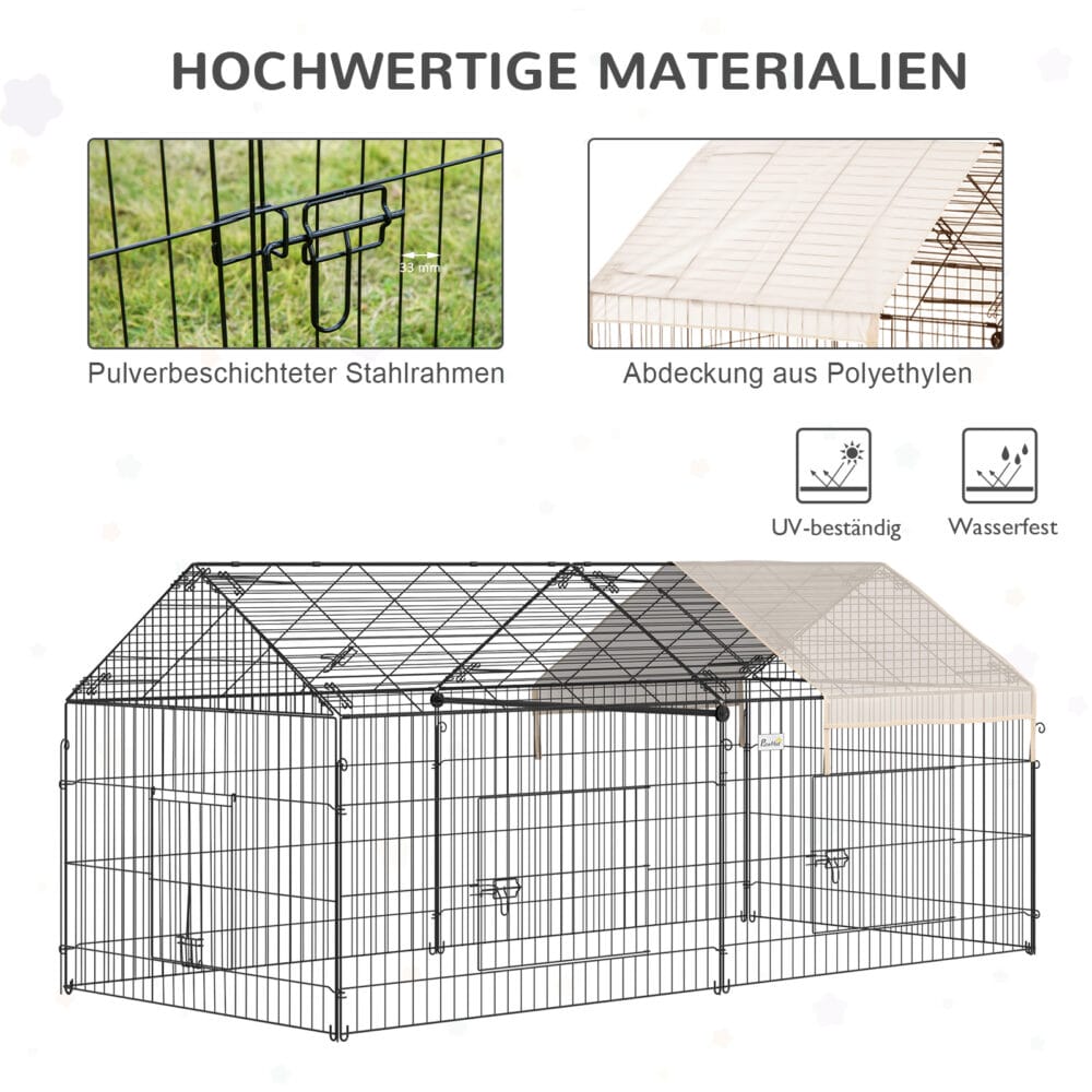 Beiges Freigehege mit integriertem Sonnenschutz aus Metall.