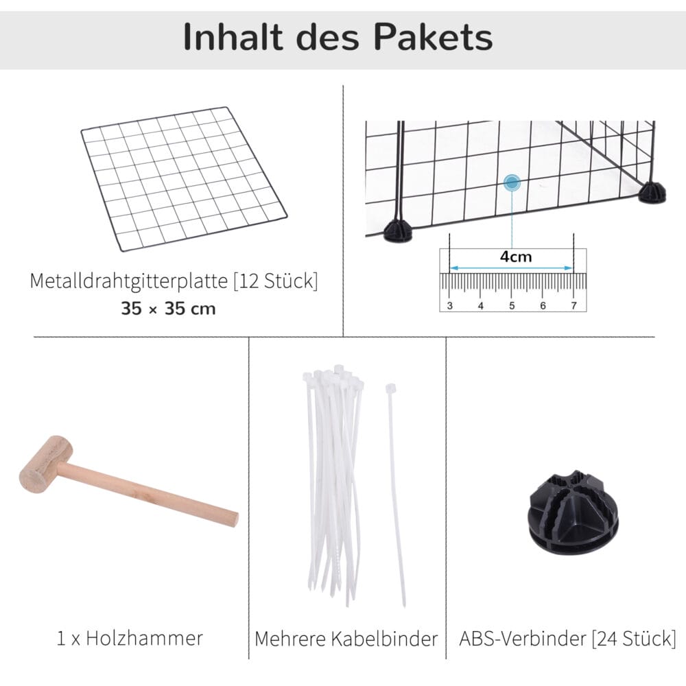 Schwarzes Freilaufgehege aus Metallgitter.