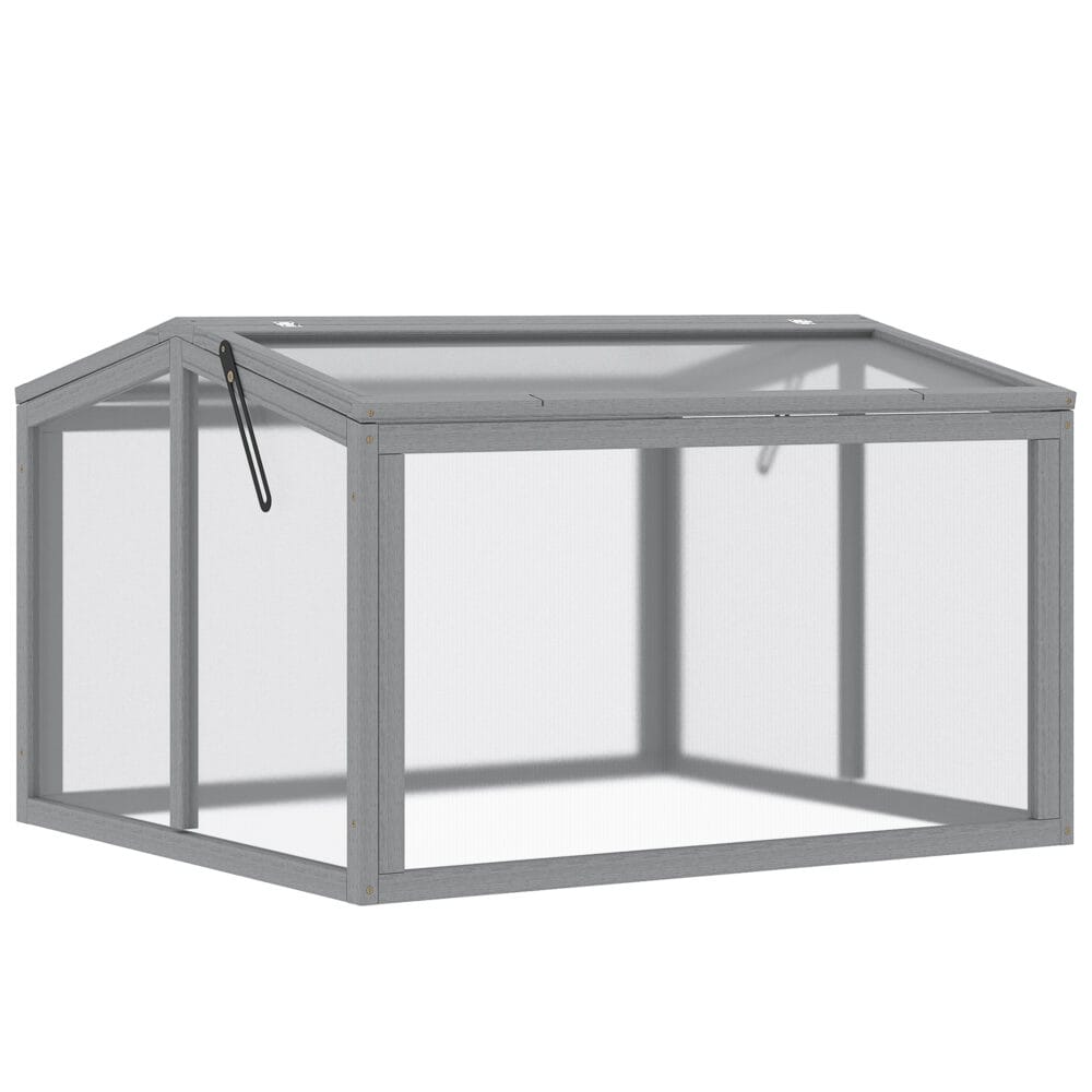 Kompaktes hellgraues Frühbeet aus Holz und Polycarbonat, ideal für kleine Gärten und die Anzucht von Setzlingen.