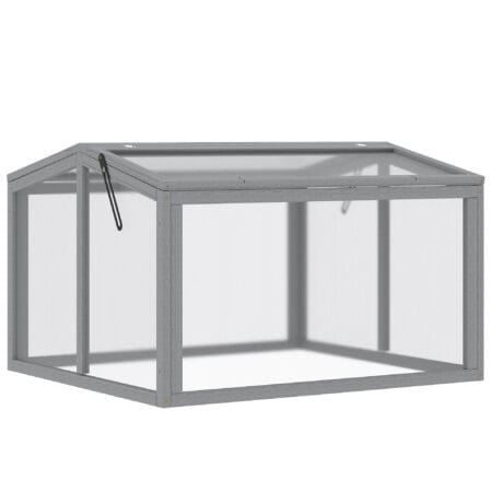 Kompaktes hellgraues Frühbeet aus Holz und Polycarbonat, ideal für kleine Gärten und die Anzucht von Setzlingen.