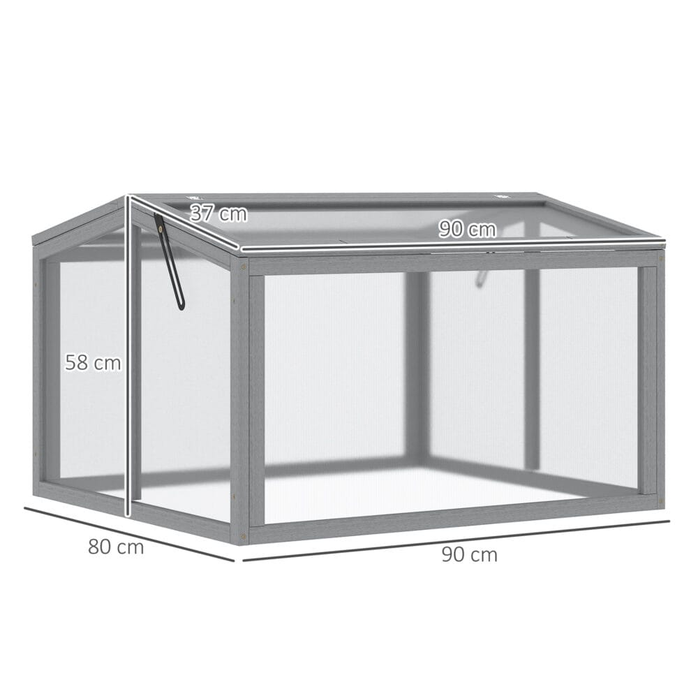 Kompaktes hellgraues Frühbeet aus Holz und Polycarbonat, ideal für kleine Gärten und die Anzucht von Setzlingen.