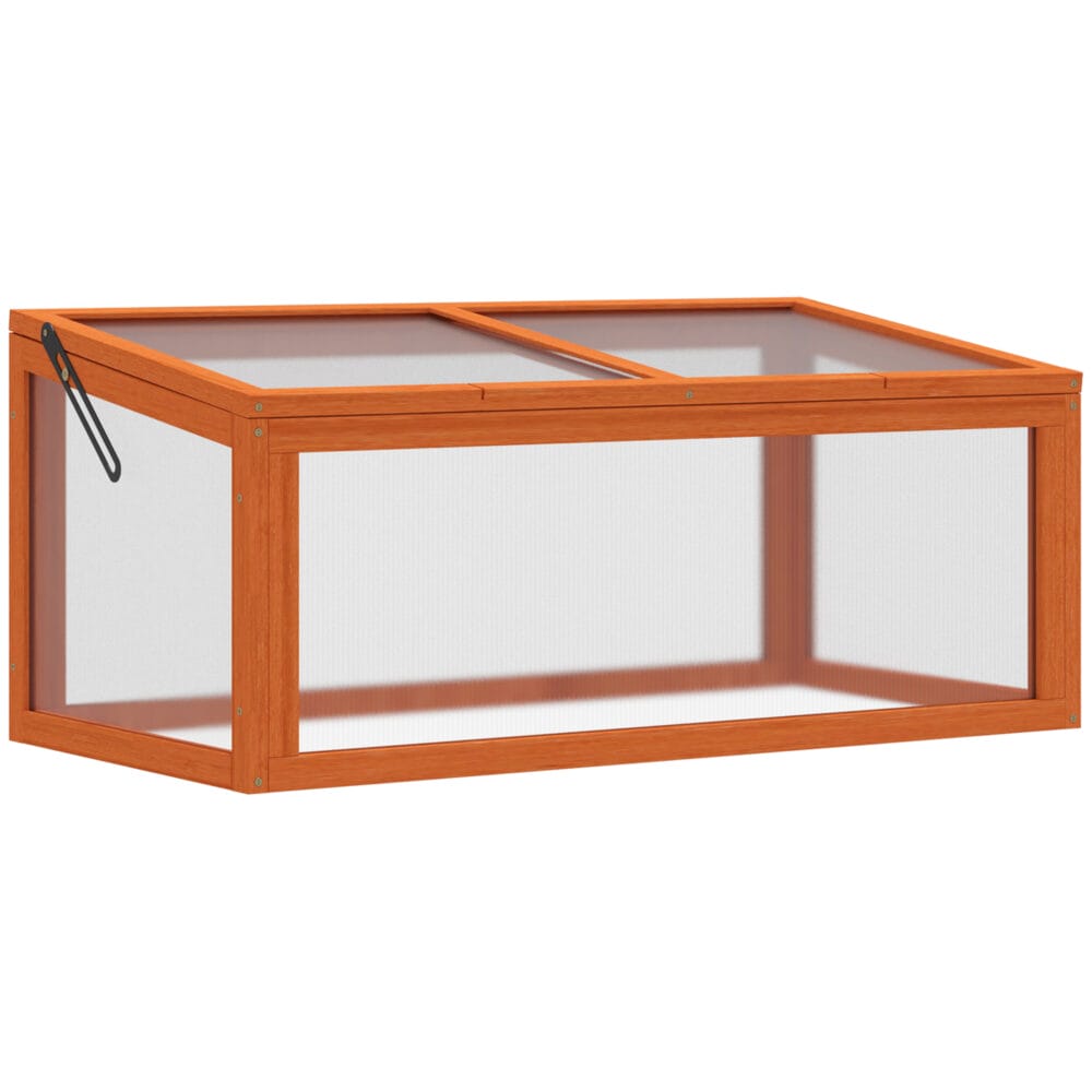Wetterfestes oranges Frühbeet aus Holz und Polycarbonat, schützt Pflanzen vor Witterungseinflüssen und fördert das Wachstum.