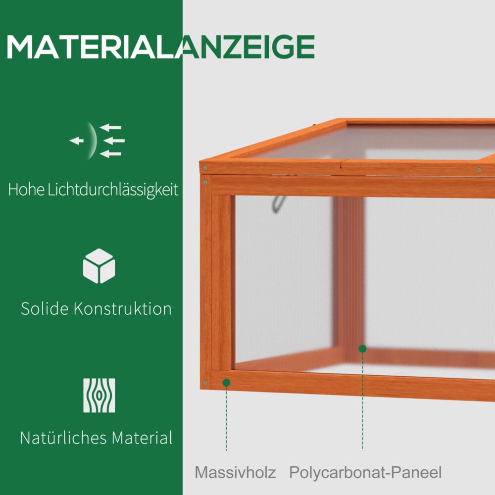 Wetterfestes oranges Frühbeet aus Holz und Polycarbonat, schützt Pflanzen vor Witterungseinflüssen und fördert das Wachstum.