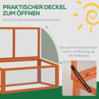 Wetterfestes oranges Frühbeet aus Holz und Polycarbonat, schützt Pflanzen vor Witterungseinflüssen und fördert das Wachstum.