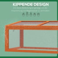 Wetterfestes oranges Frühbeet aus Holz und Polycarbonat, schützt Pflanzen vor Witterungseinflüssen und fördert das Wachstum.