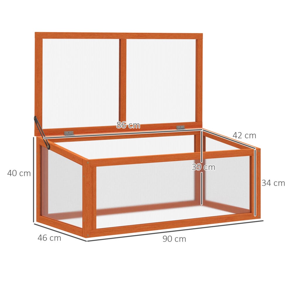 Wetterfestes oranges Frühbeet aus Holz und Polycarbonat, schützt Pflanzen vor Witterungseinflüssen und fördert das Wachstum.